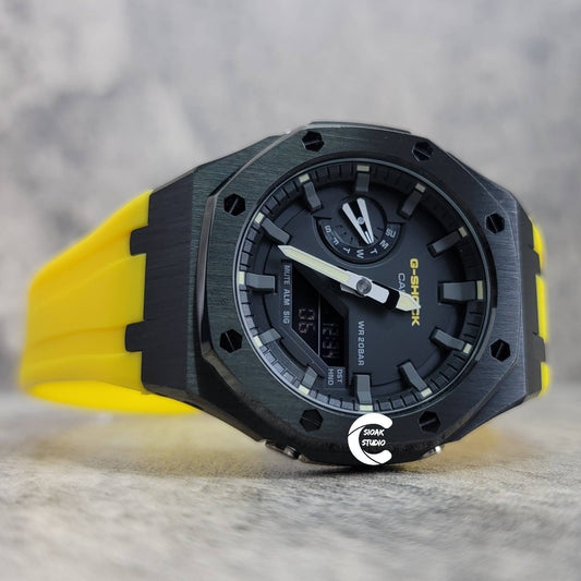 Casioak Mod Watch Black Case Yellow Rubber Strap Black Gray Time Mark Black Dial 44mm - Casioak Studio