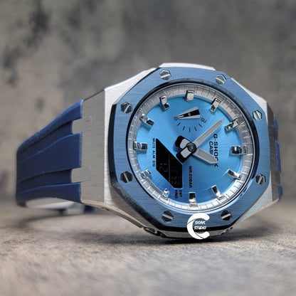 Casioak Mod Watch Blue Silver Case Blue Rubber Strap Silver Time Mark Ice  Blue Dial 44mm - Casioak Studio