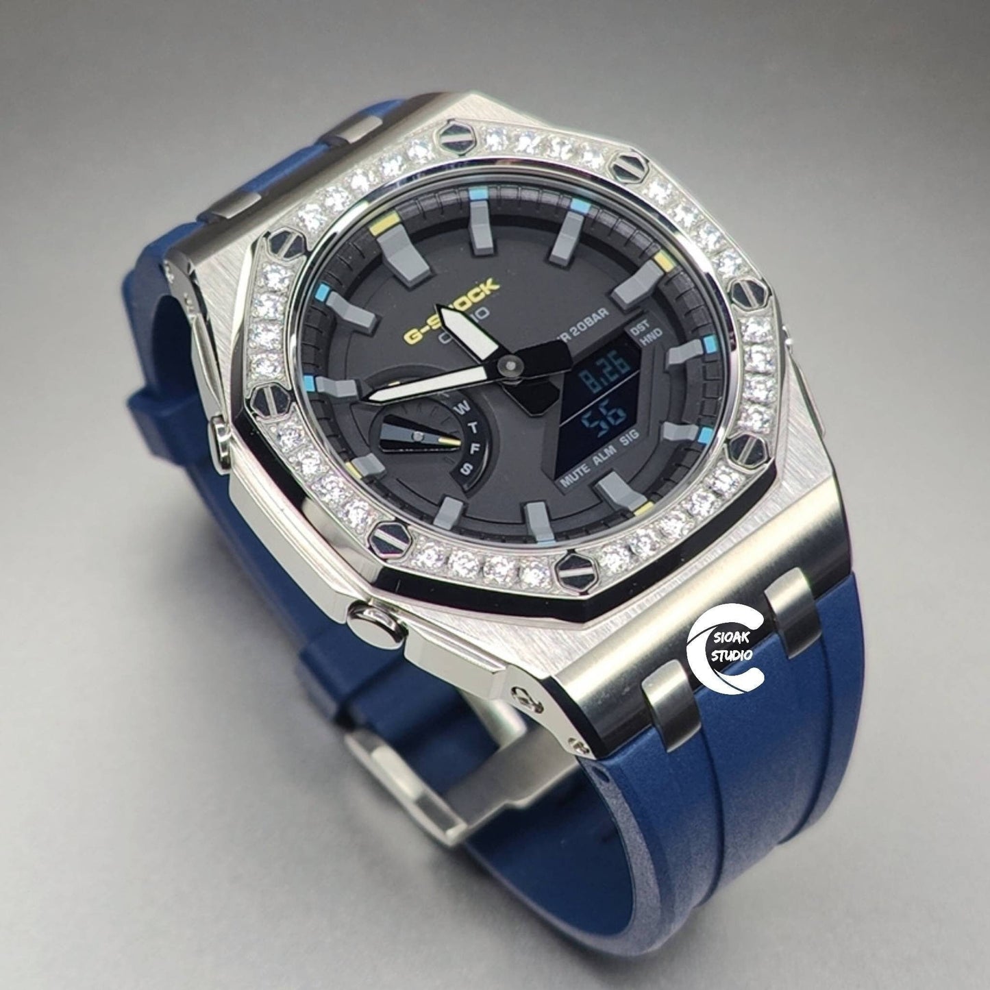 Casioak Mod Watch Diamond Offshore Superior Silver Case Blue Rubber Strap Black Gray Time Mark Black Dial 44mm - Casioak Studio