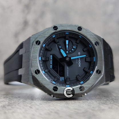 Casioak Mod Watch Gray Case Black Rubber Strap Black Time Mark Black Dial 44mm Blue - Casioak Studio