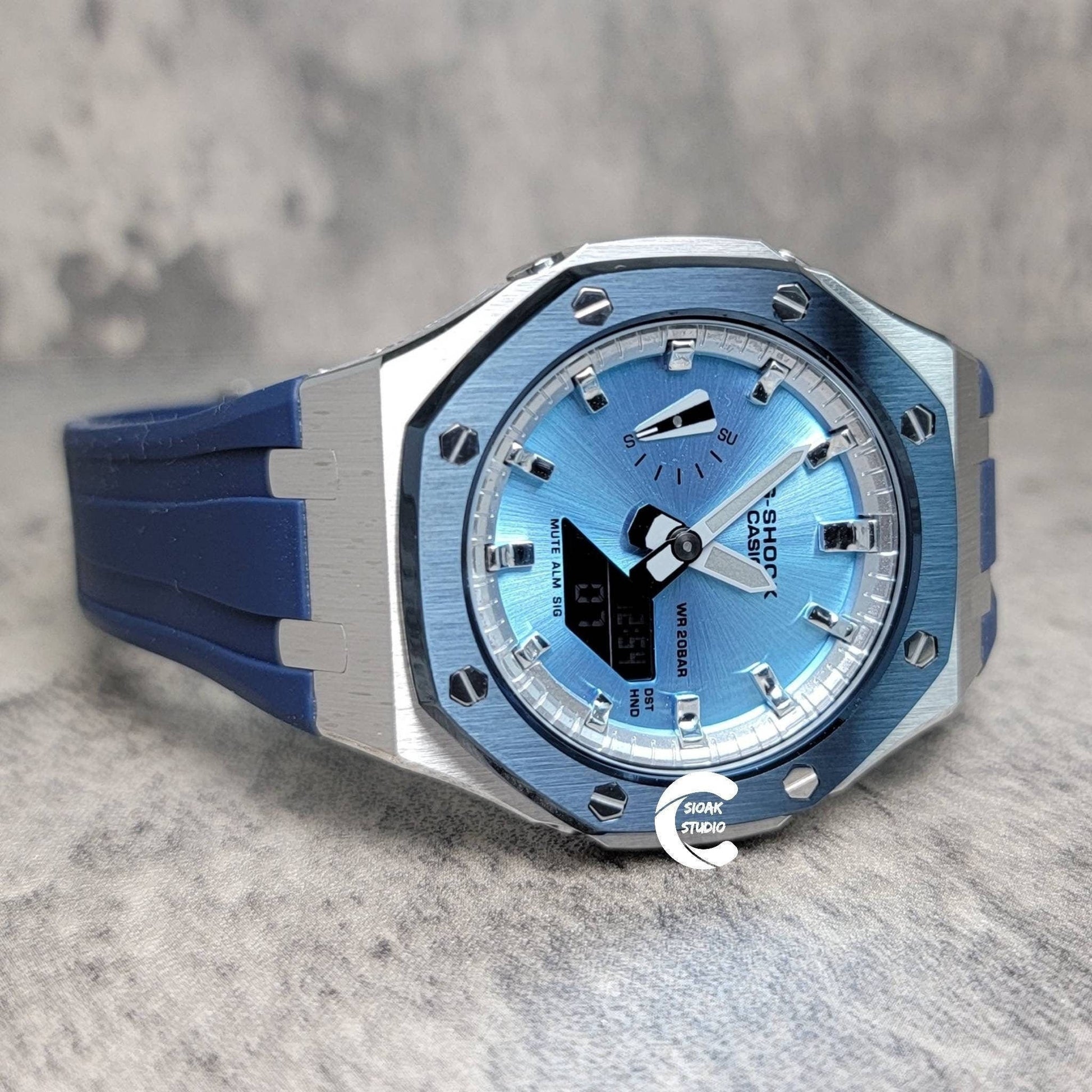 Casioak Mod Watch Blue Silver Case Blue Rubber Strap Silver Time Mark Ice  Blue Dial 44mm - Casioak Studio