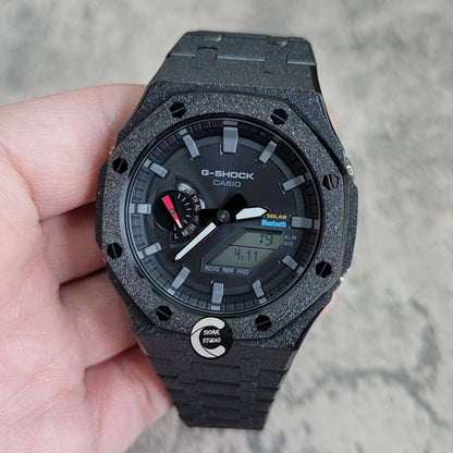 Casioak Mod Watch Solar Bluetooth Frosted Black Case Metal Strap Black Gray Time Mark Black Dial 44mm - Casioak Studio