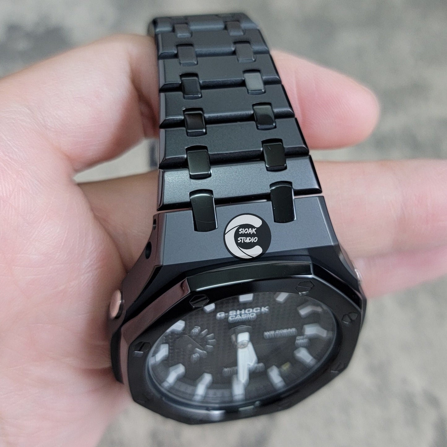 Casioak Mod Watch Polished Black Case Metal Strap Black Grey Time Mark Black Waffle Dial 44mm - Casioak Studio