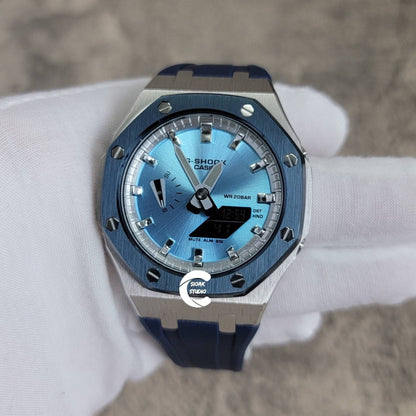 Casioak Mod Watch Blue Silver Case Blue Rubber Strap Silver Time Mark Ice  Blue Dial 44mm - Casioak Studio