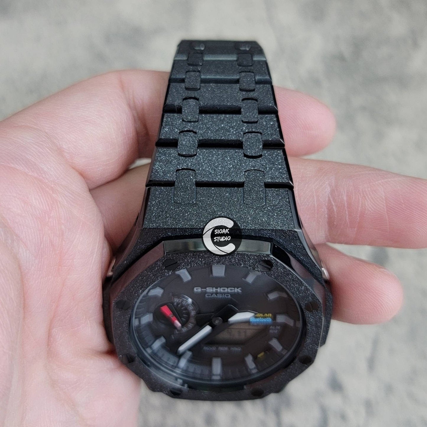 Casioak Mod Watch Solar Bluetooth Frosted Black Case Metal Strap Black Gray Time Mark Black Dial 44mm - Casioak Studio