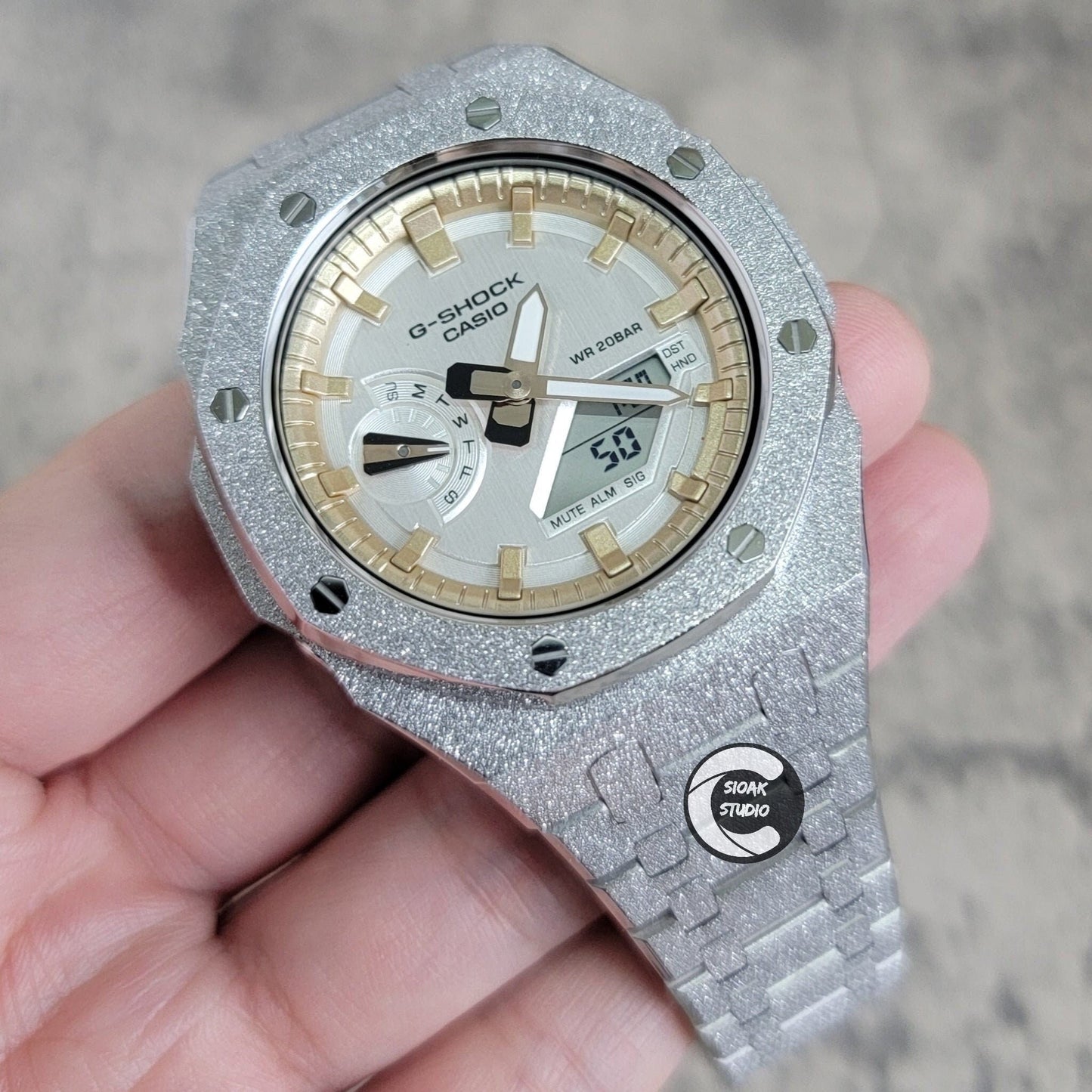 Casioak Mod Watch Frosted Silver Case Metal Strap Rise Gold Time Mark Silver Dial 44mm - Casioak Studio