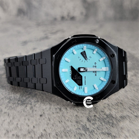 Casioak Mod Watch Black Case Metal Strap Tiffany White Time Mark Tiffany Blue Dial 44mm - Casioak Studio