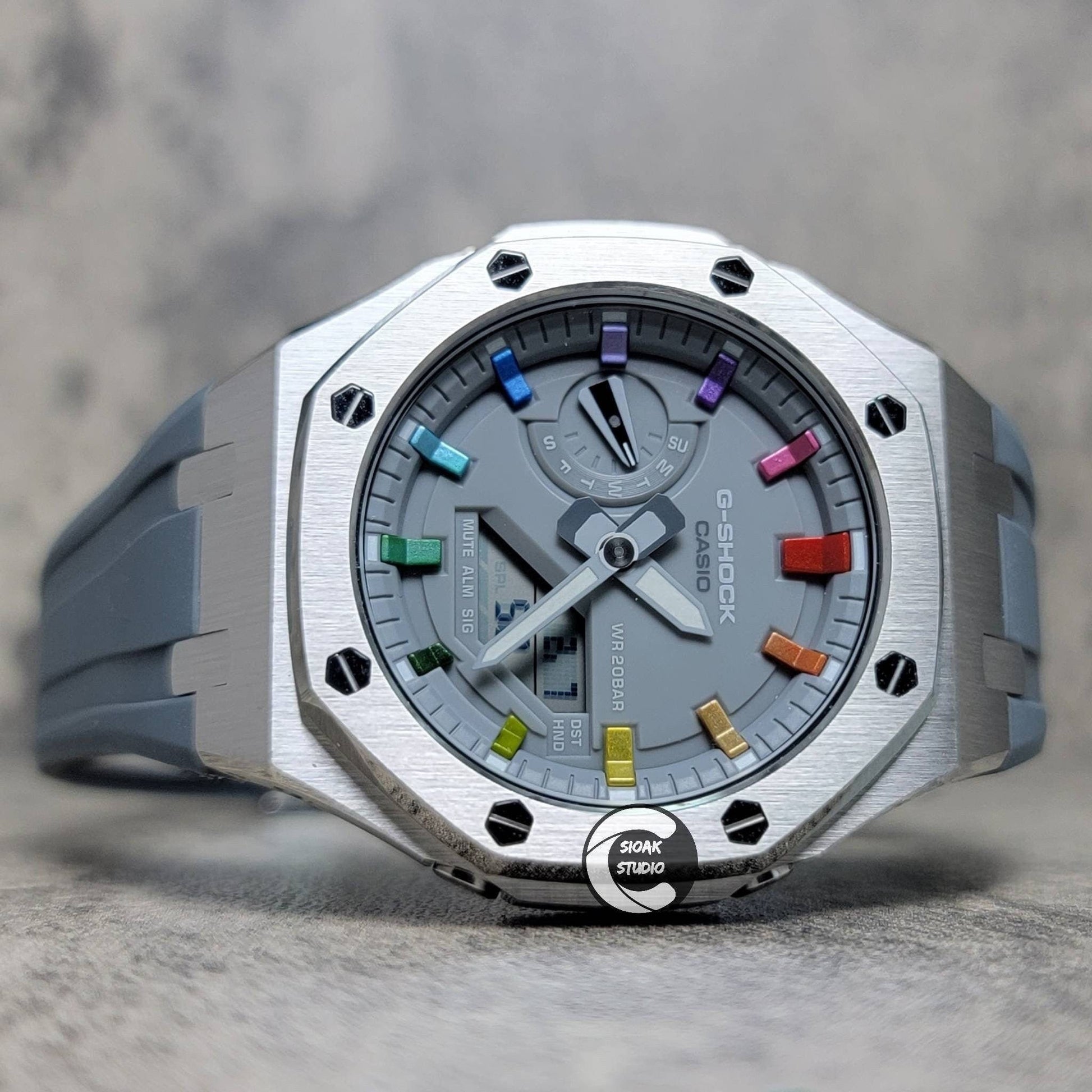 Casioak Mod Watch Silver Case Gray Rubber Strap Gray  Rainbow Time Mark Gray Dial 44mm - Casioak Studio