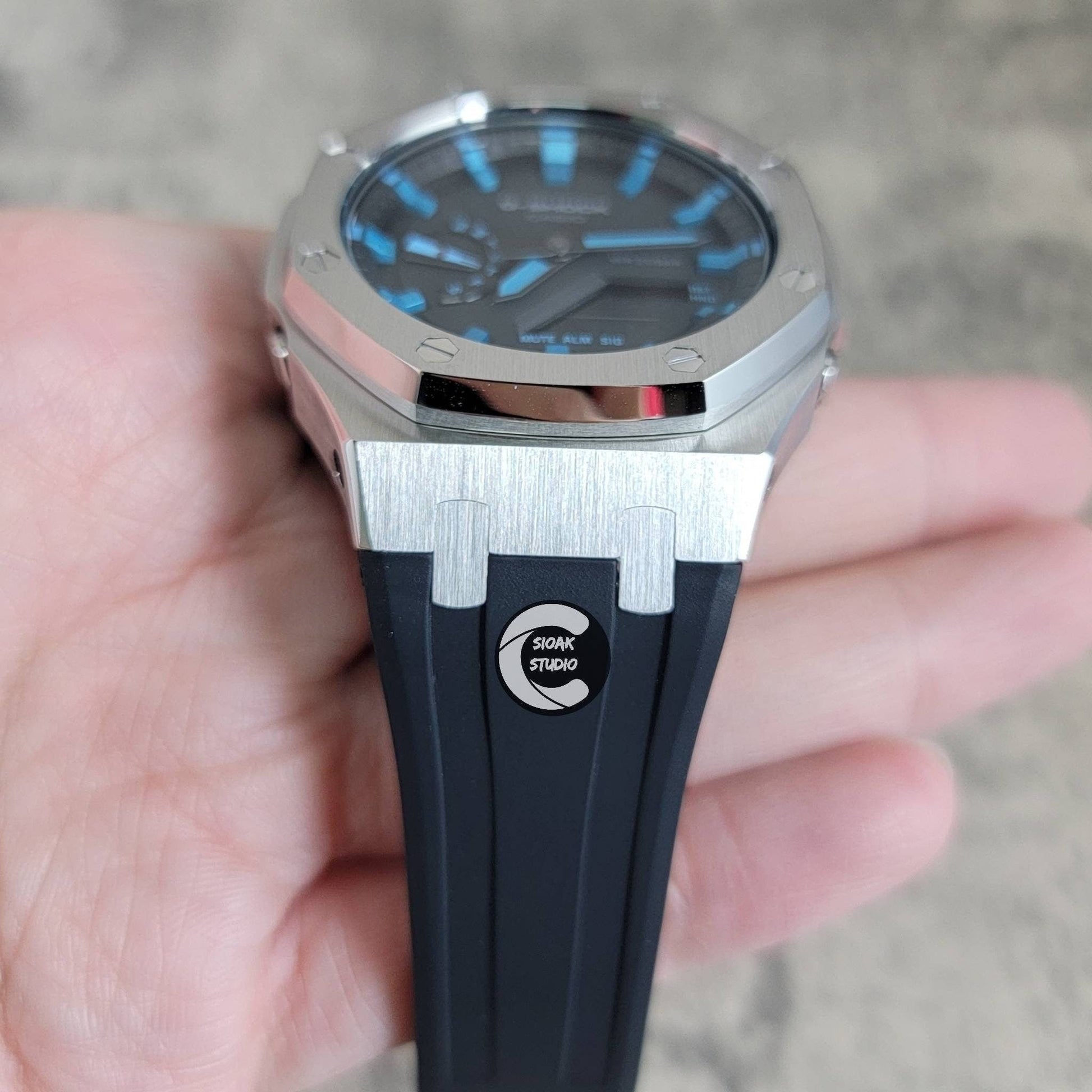 Casioak Mod Watch Silver Case Black Rubber Strap Black  LIght Blue Time Mark Black Dial 44mm - Casioak Studio