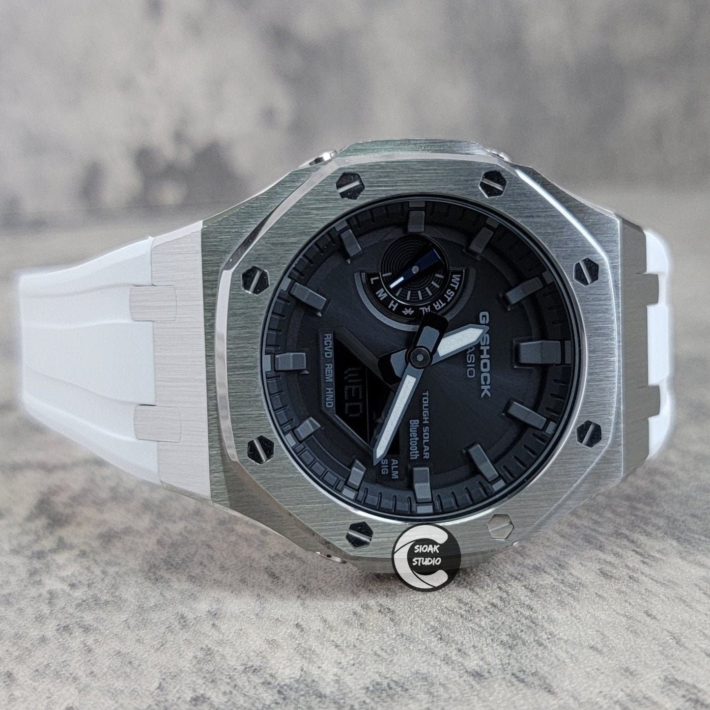 Casioak Mod Watch Solar Bluetooth Silver Cas White Rubber Strap Black Gray Time Mark Black Gray Dial 44mm G SHOCK CUSTOM - Casioak Studio