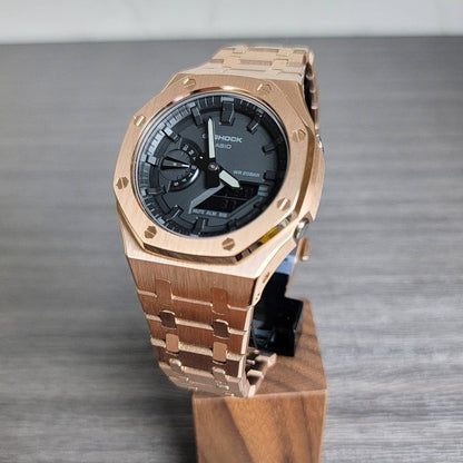 Casioak Mod Watch Rose Gold Case Metal Strap Black Time Mark Black Dial 44mm - Casioak Studio