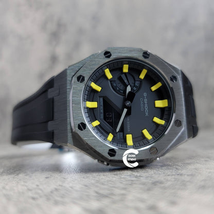 Casioak Mod Watch Gray Case Black Rubber Strap Black Yellow Time Mark Black Dial 44mm - Casioak Studio