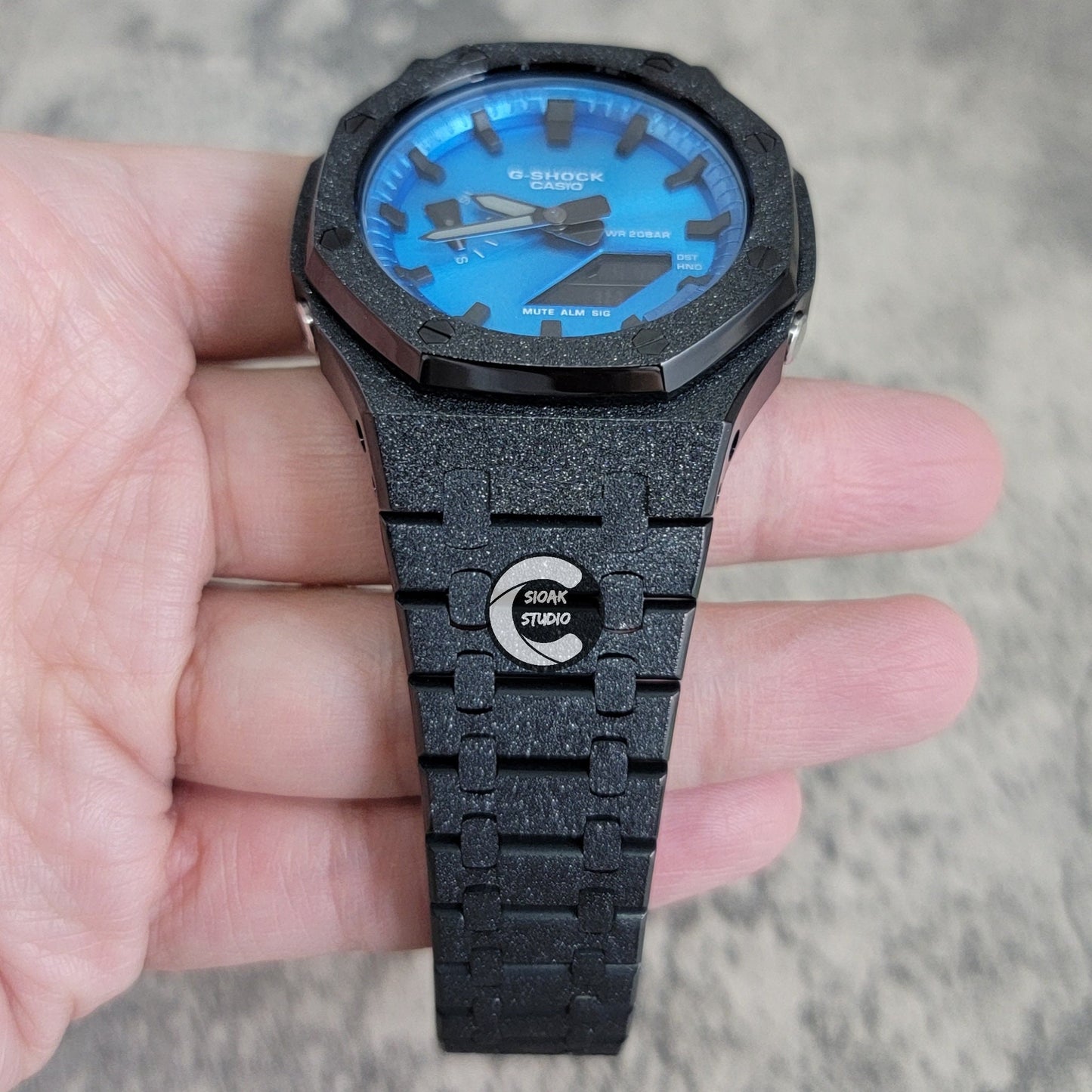 Casioak Mod Watch Frosted Black Case Metal Strap Blue Black Time Mark Metallic Blue  Dial 44mm    Gift men - Casioak Studio