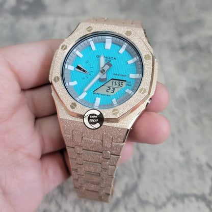 Casioak Mod Watch Frosted Rose Gold Case Metal Strap Light Gray White Time Mark Tiffany Blue Dial 44mm - Casioak Studio