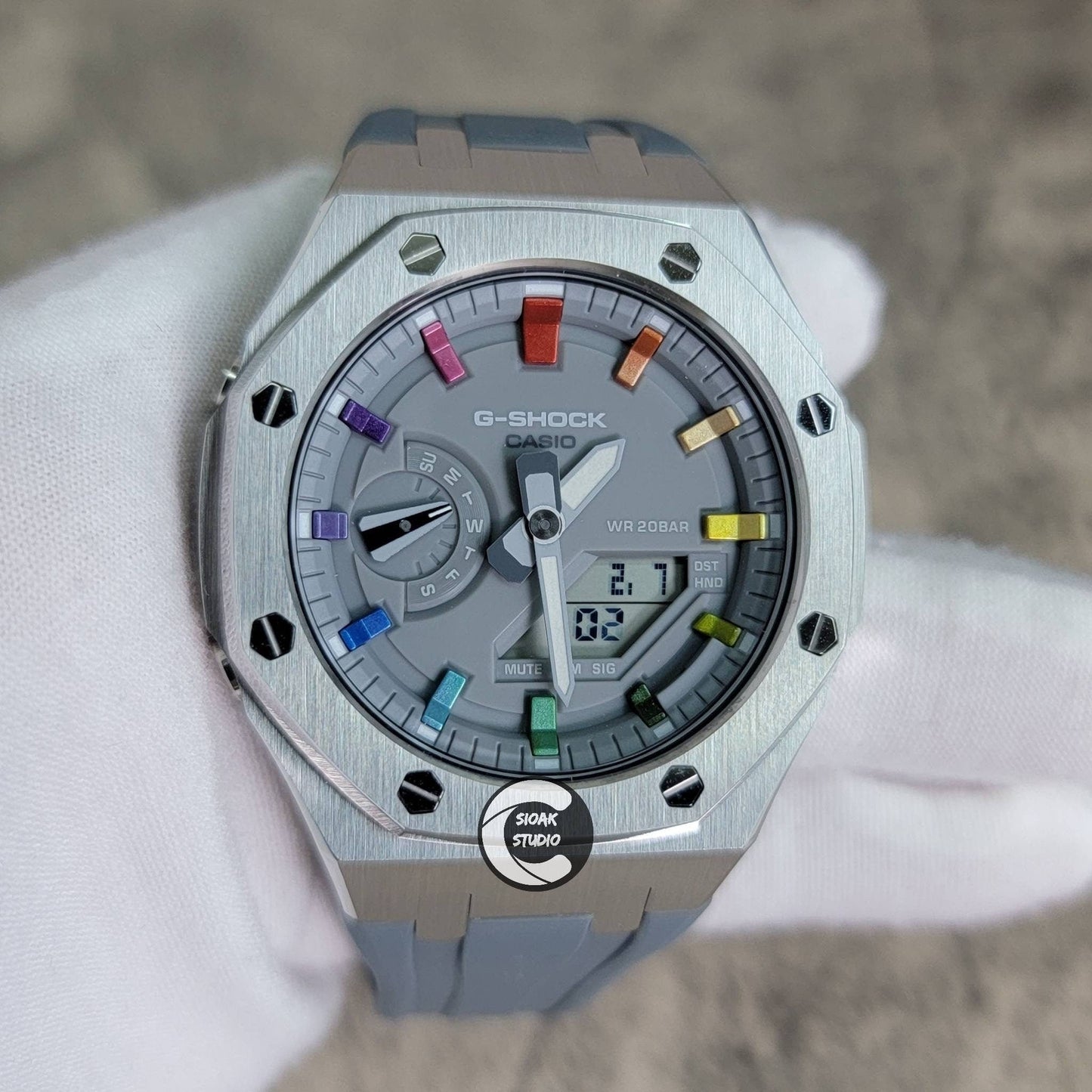 Casioak Mod Watch Silver Case Gray Rubber Strap Gray  Rainbow Time Mark Gray Dial 44mm - Casioak Studio