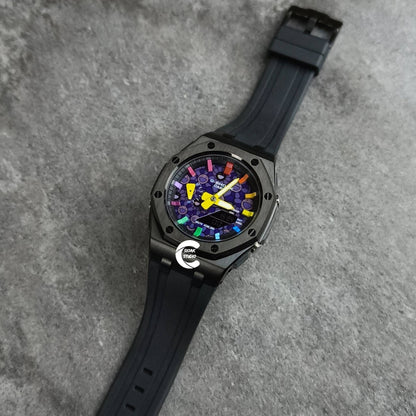 Casioak Mod Watch Offshore Superior Black Case Black Rubber Strap Black Rainbow Time Mark Takashi Murakami Dial 44mm - Casioak Studio