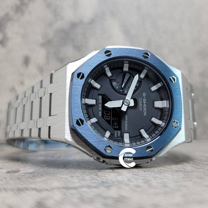 Casioak Mod Watch Blue Silver Case Metal Strap Black White Time Mark Black Dial 44mm - Casioak Studio