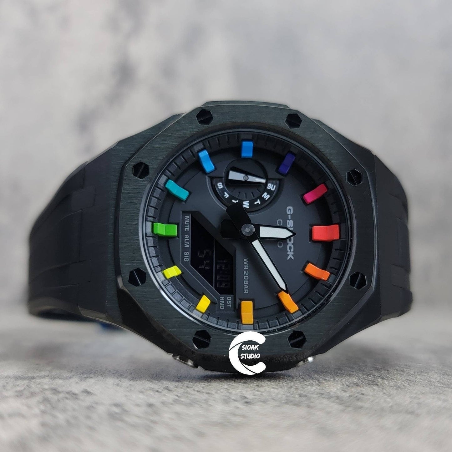 Casioak Mod Watch Black Case Black Rubber Strap Black Rainbow Time Mark Black Dial 44mm - Casioak Studio