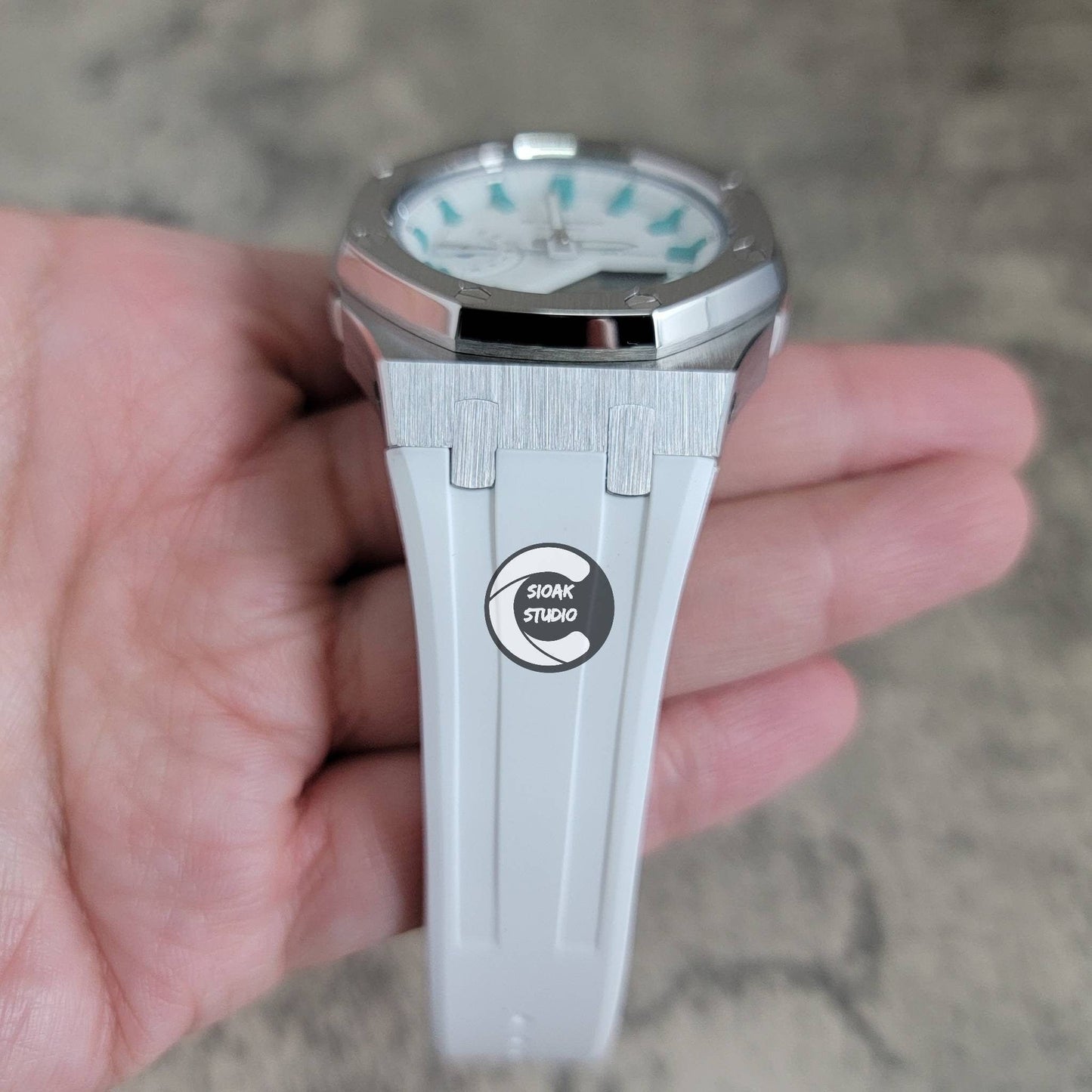 Casioak Mod Watch Silver Case White Rubber Strap White Tiffany Time Mark White Dial 42mm - Casioak Studio