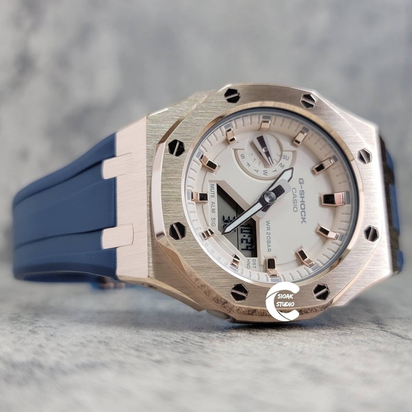 Casioak Mod Watch Rose Gold Case Blue Rubber Strap Beige Rose Gold Time Mark Beige Dial 42mm - Casioak Studio