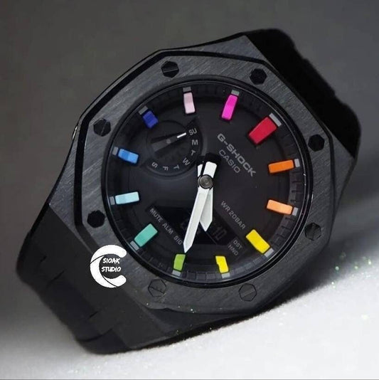 Casioak Mod Watch Black Case Black Rubber Strap Black Rainbow Time Mark Black Dial 44mm - Casioak Studio