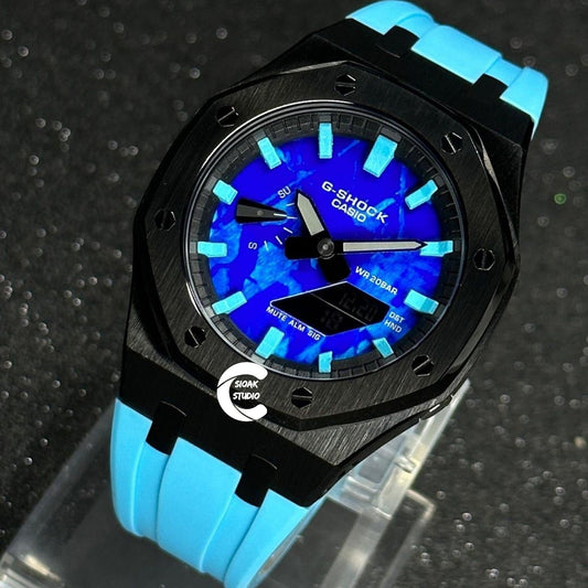 Casioak Mod Watch Black Case Blue Rubber Strap Black Tiffany Time Mark Blue Dial 44mm - Casioak Studio
