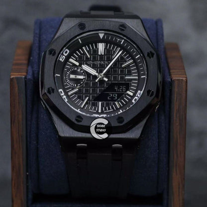 Casioak Mod Watch NEW Offshore Superior Black Case Black Rubber Strap Black Time Mark Black Dial 44mm Sapphire Glass - Casioak Studio