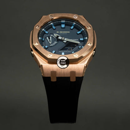 Casioak Mod Watch Rose Gold Case Black Rubber Strap Blue  Blue Time Mark Blue Dial 44mm - Casioak Studio