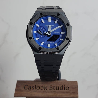 Casioak Mod Watch Black Case Metal Strap Blue White Time Mark Blue Dial 44mm - Casioak Studio