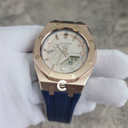 Casioak Mod Watch Rose Gold Case Blue Rubber Strap Beige Rose Gold Time Mark Beige Dial 42mm - Casioak Studio