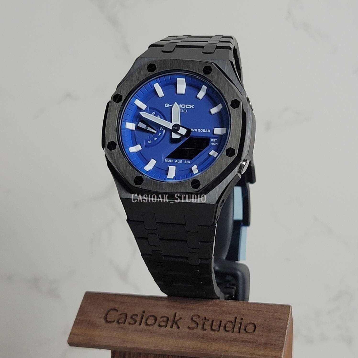Casioak Mod Watch Black Case Metal Strap Blue White Time Mark Blue Dial 44mm - Casioak Studio