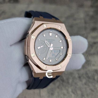 Casioak Mod Watch Rose Gold Case Blue Rubber Strap Beige Rose Gold Time Mark Beige Dial 42mm - Casioak Studio