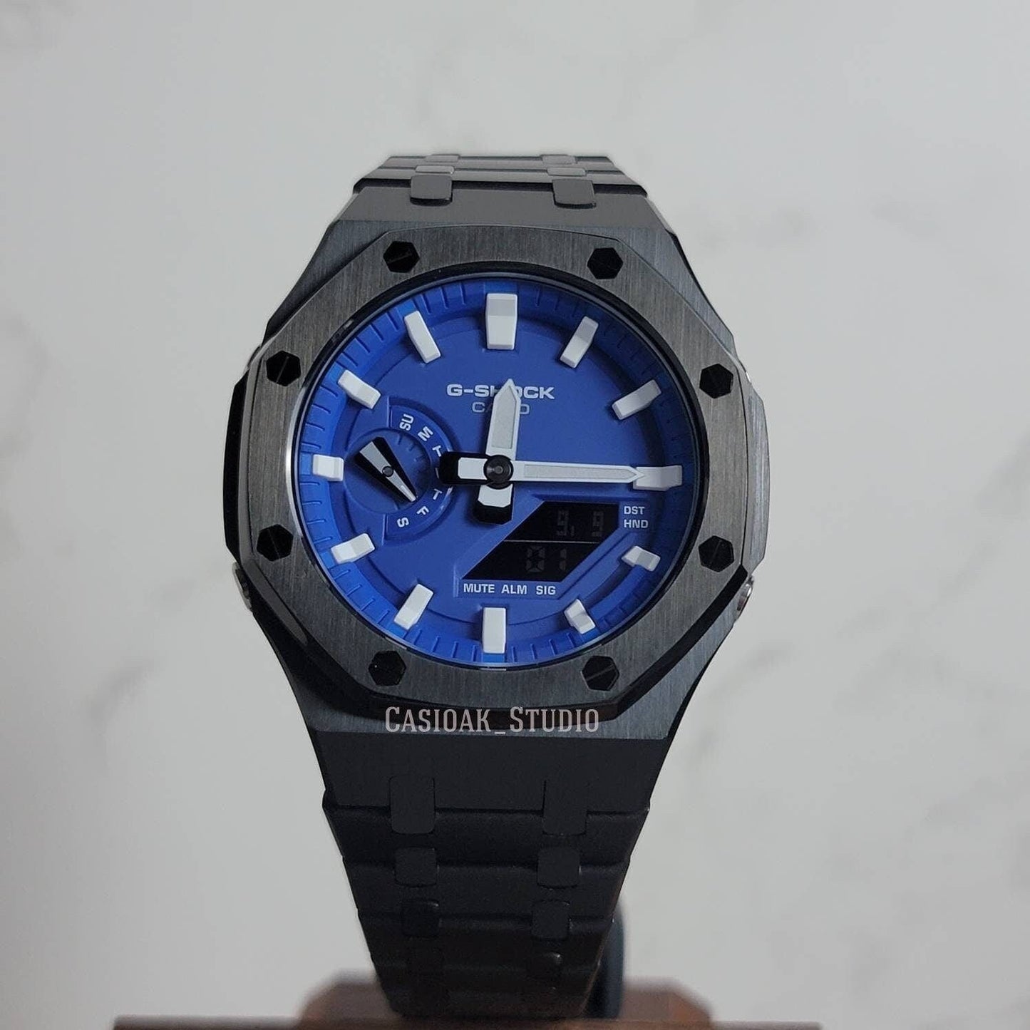 Casioak Mod Watch Black Case Metal Strap Blue White Time Mark Blue Dial 44mm - Casioak Studio