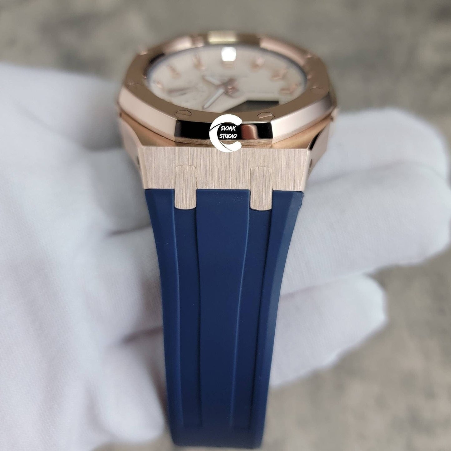 Casioak Mod Watch Rose Gold Case Blue Rubber Strap Beige Rose Gold Time Mark Beige Dial 42mm - Casioak Studio