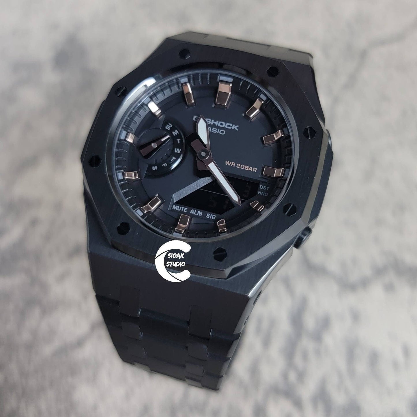 Casioak Mod Watch Black Case Metal Strap Black Rose Gold Time Mark Black Dial 42mm - Casioak Studio