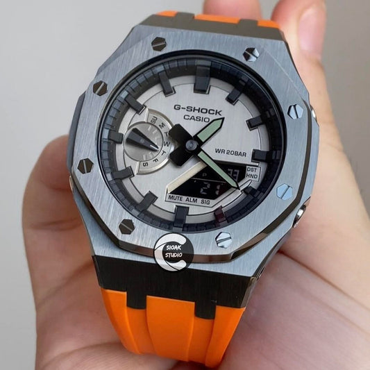 Casioak Mod Watch Grey Case Orange Strap Black Time Mark Metallic Grey Dial 44mm    Personalized  Men - Casioak Studio