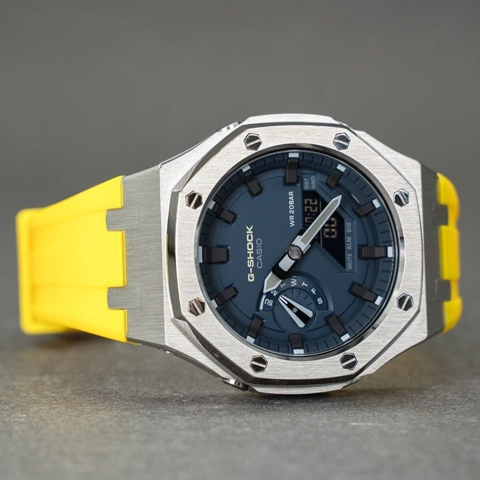 Casioak Mod Watch Silver Case Yellow Rubber Strap Blue Black Time Mark Blue Dial 44mm Gray - Casioak Studio