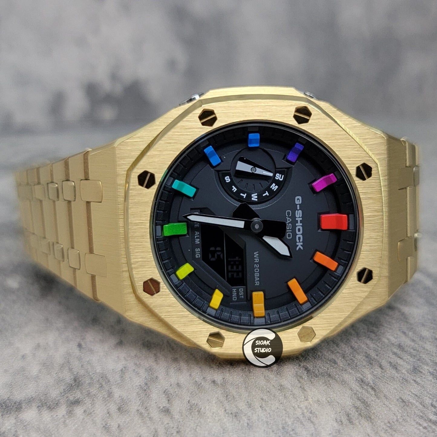 Casioak Mod Watch Gold Case Metal Strap Black Rainbow Time Mark Black Dial 44mm - Casioak Studio