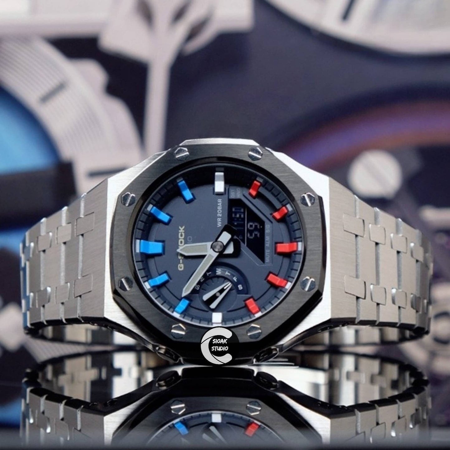 Casioak Mod Watch Black Silver Case Metal Strap Blue Rainbow Time Mark Blue Dial 44mm - Casioak Studio