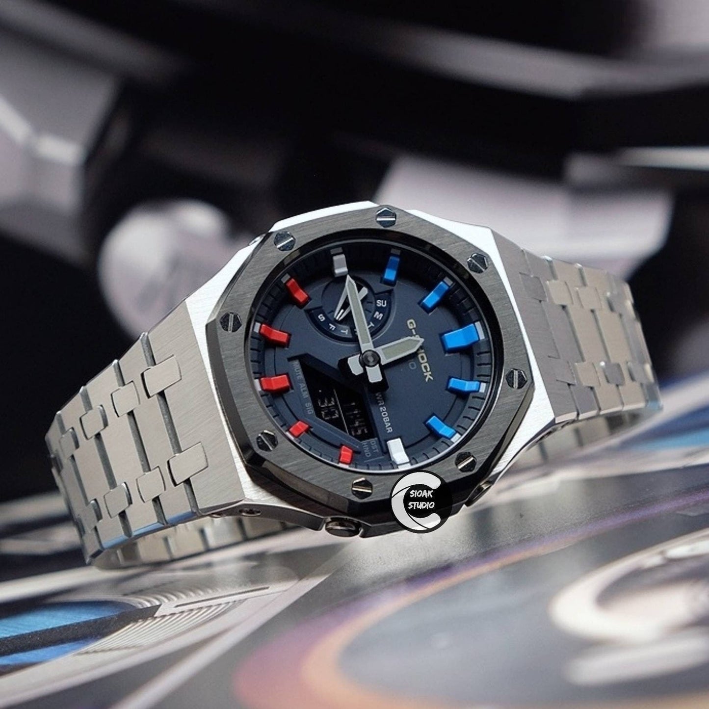 Casioak Mod Watch Black Silver Case Metal Strap Blue Rainbow Time Mark Blue Dial 44mm - Casioak Studio