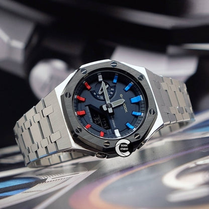 Casioak Mod Watch Black Silver Case Metal Strap Blue Rainbow Time Mark Blue Dial 44mm - Casioak Studio