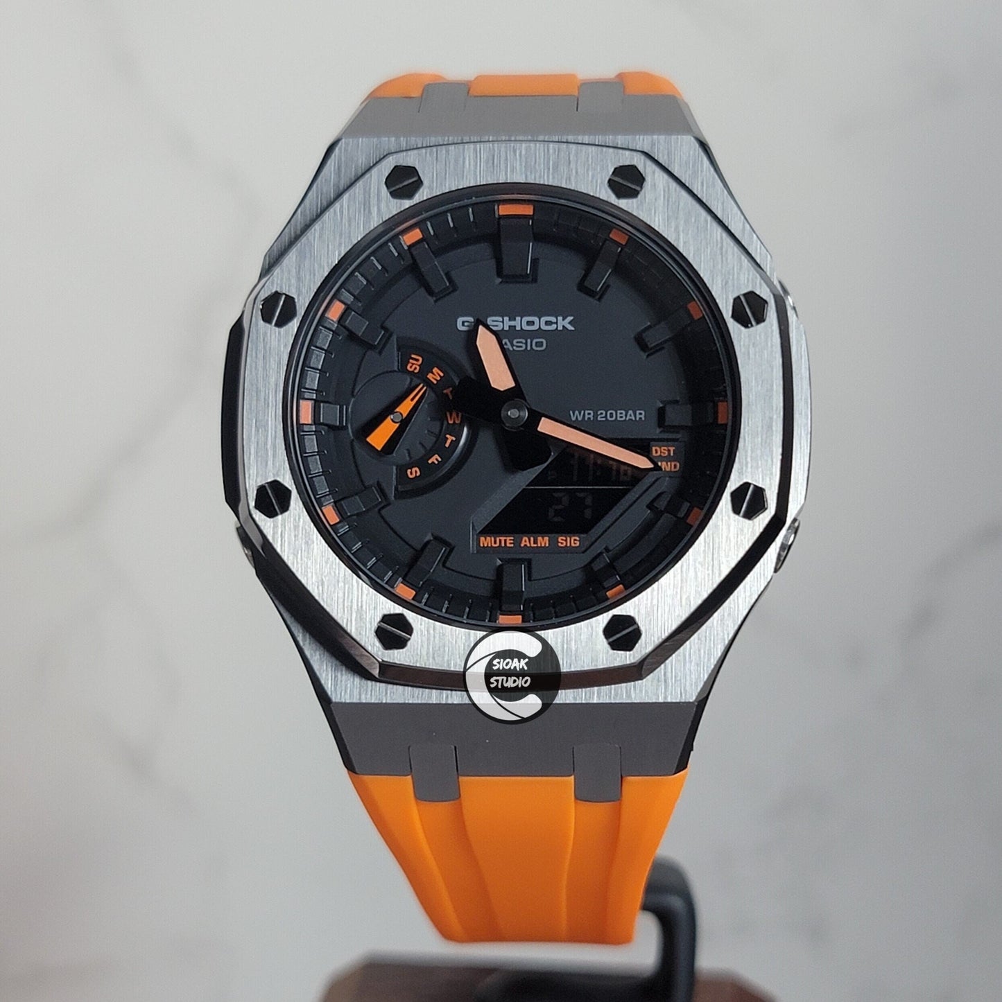 Casioak Mod Watch Rose Gold Case Orange Rubber Strap Black Time Mark Balck Dial 44mm Orange - Casioak Studio