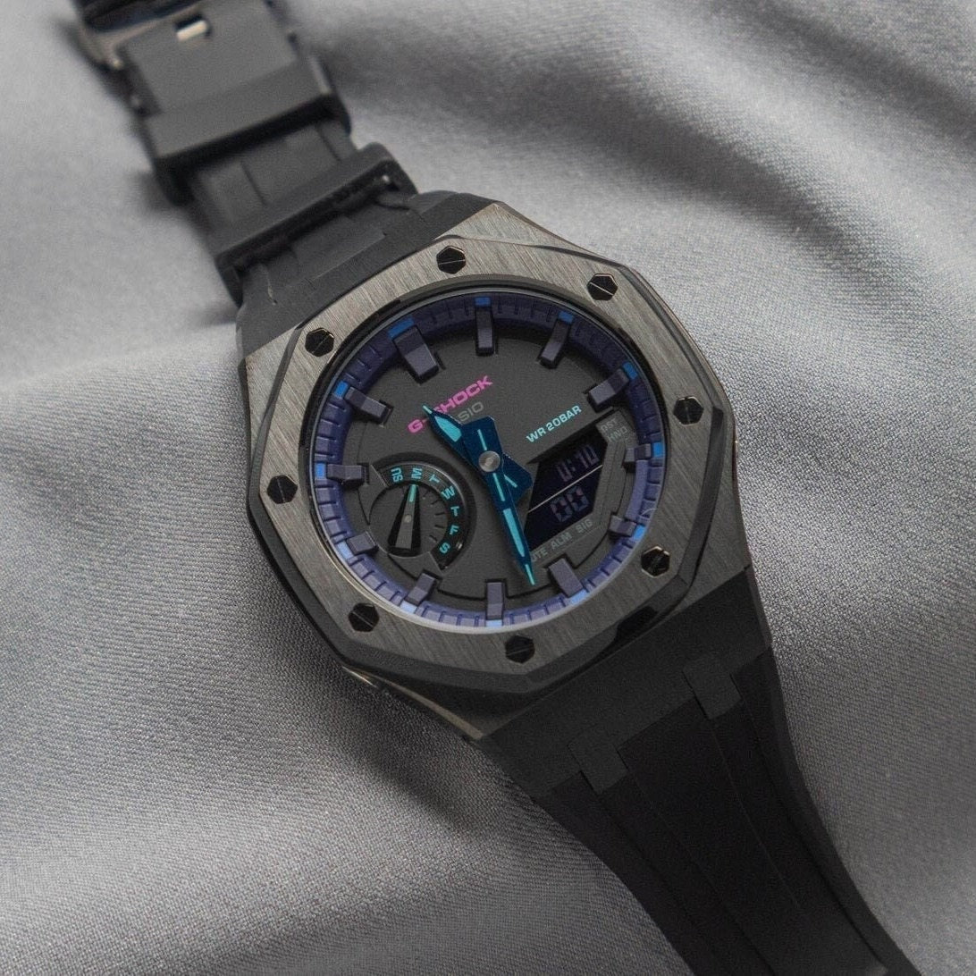 Casioak Mod Watch Black Case Black Rubber Strap Purple Black Time Mark Black Dial 44mm - Casioak Studio